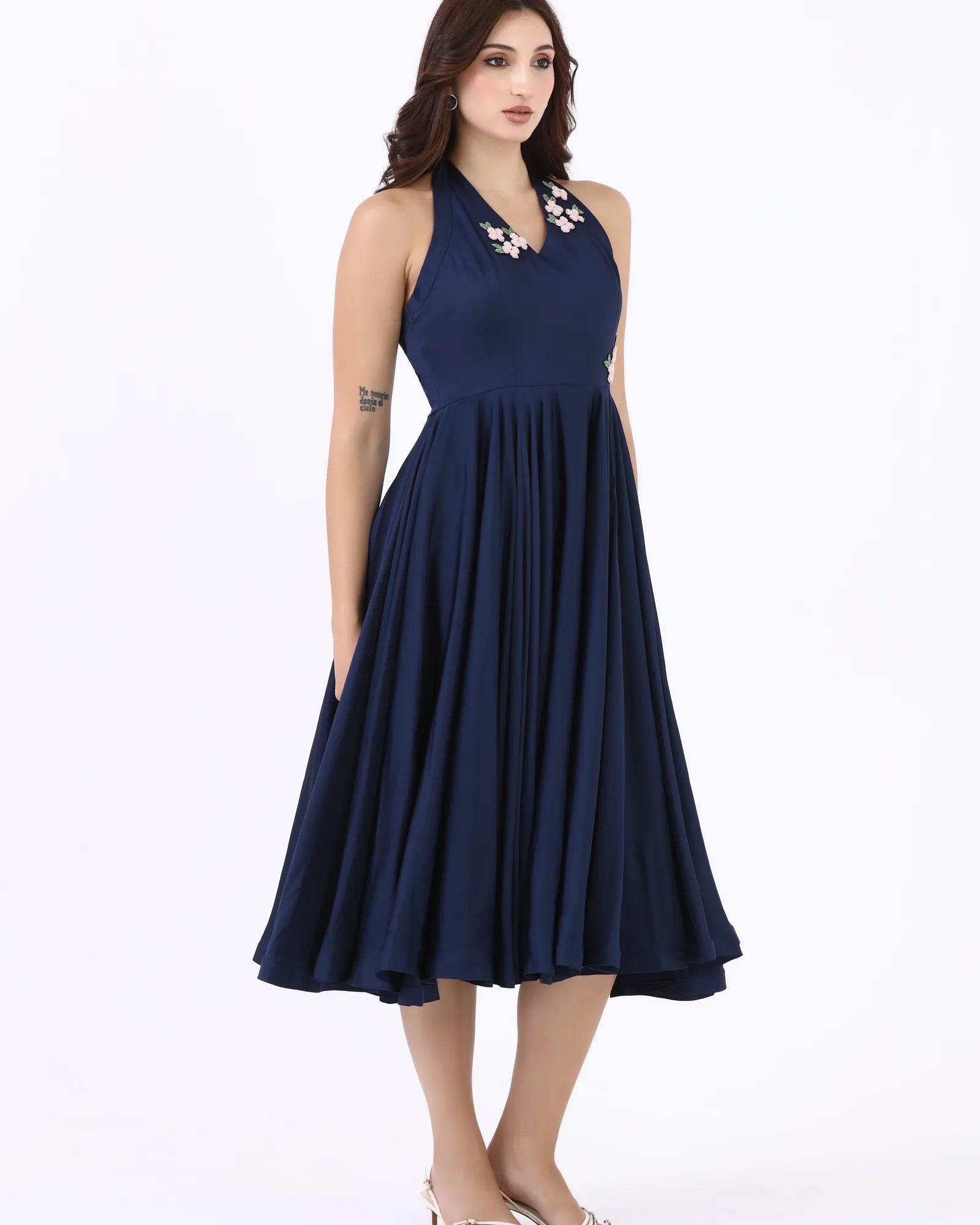 Midnight Blossom Halter Dress