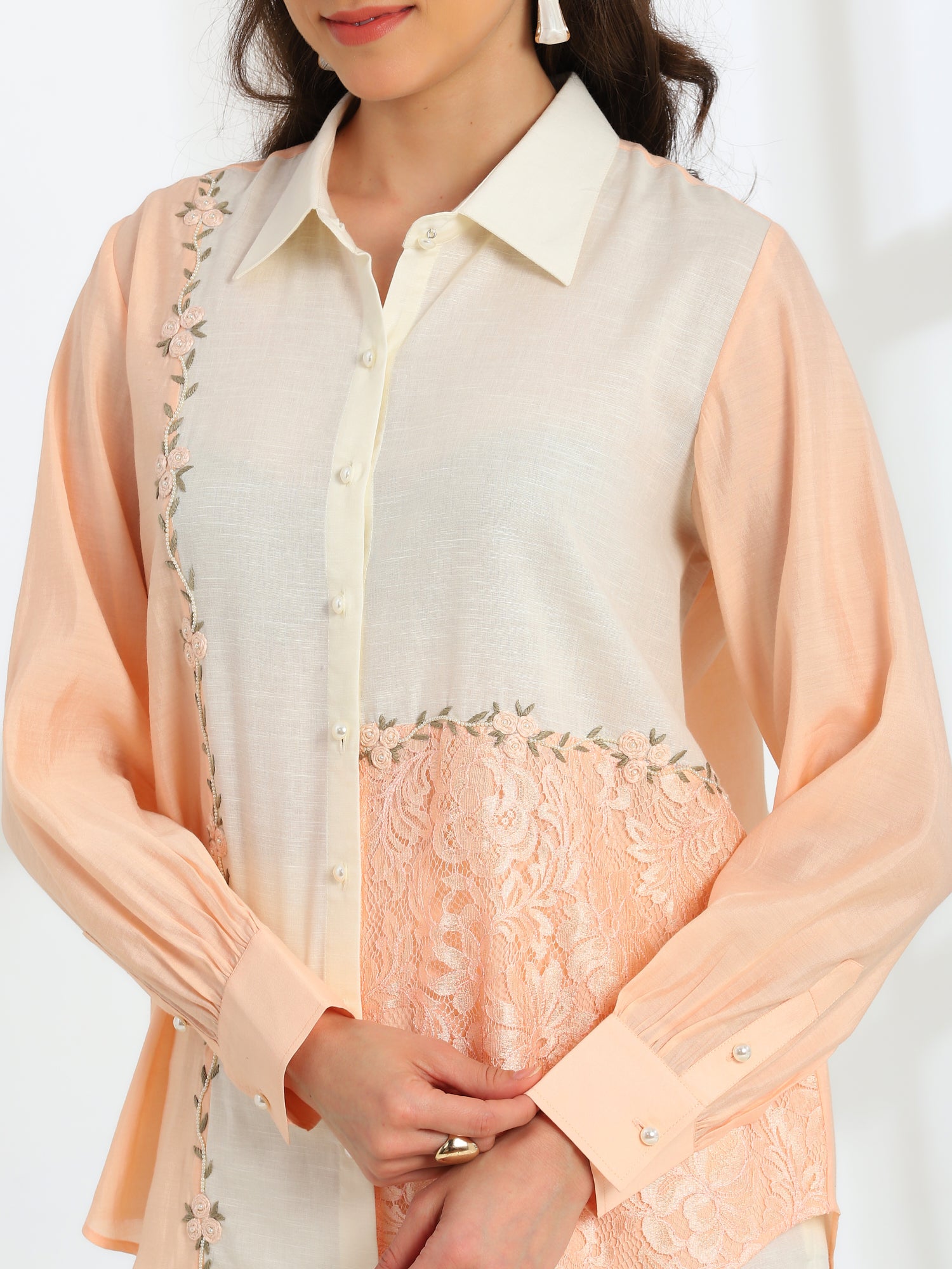 Floréa Peach Hand Embroidered French lace Silk Linen Co-ord Set