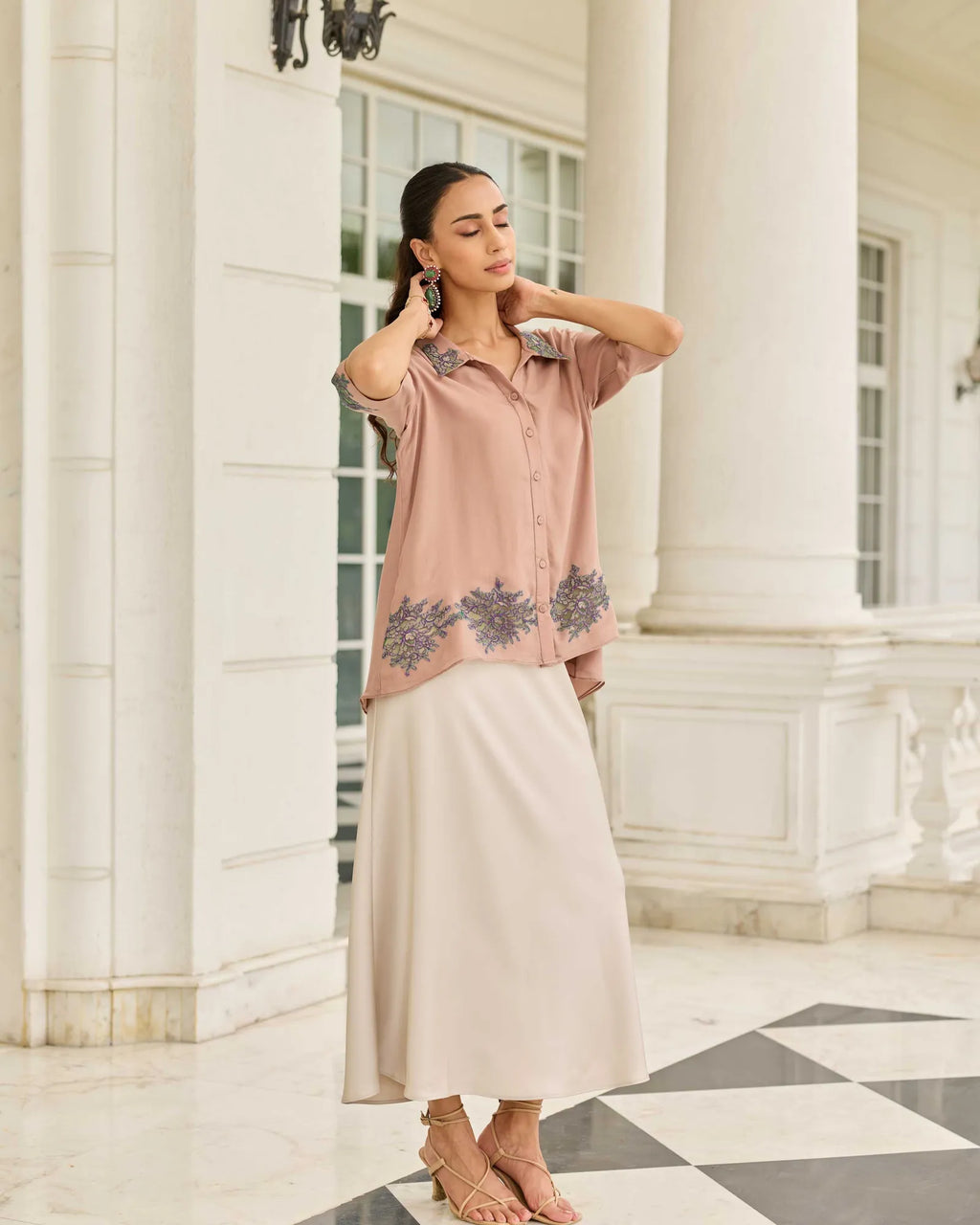 Threaded Devotion Grain Brown French Lace Flat Chiffon Shirt