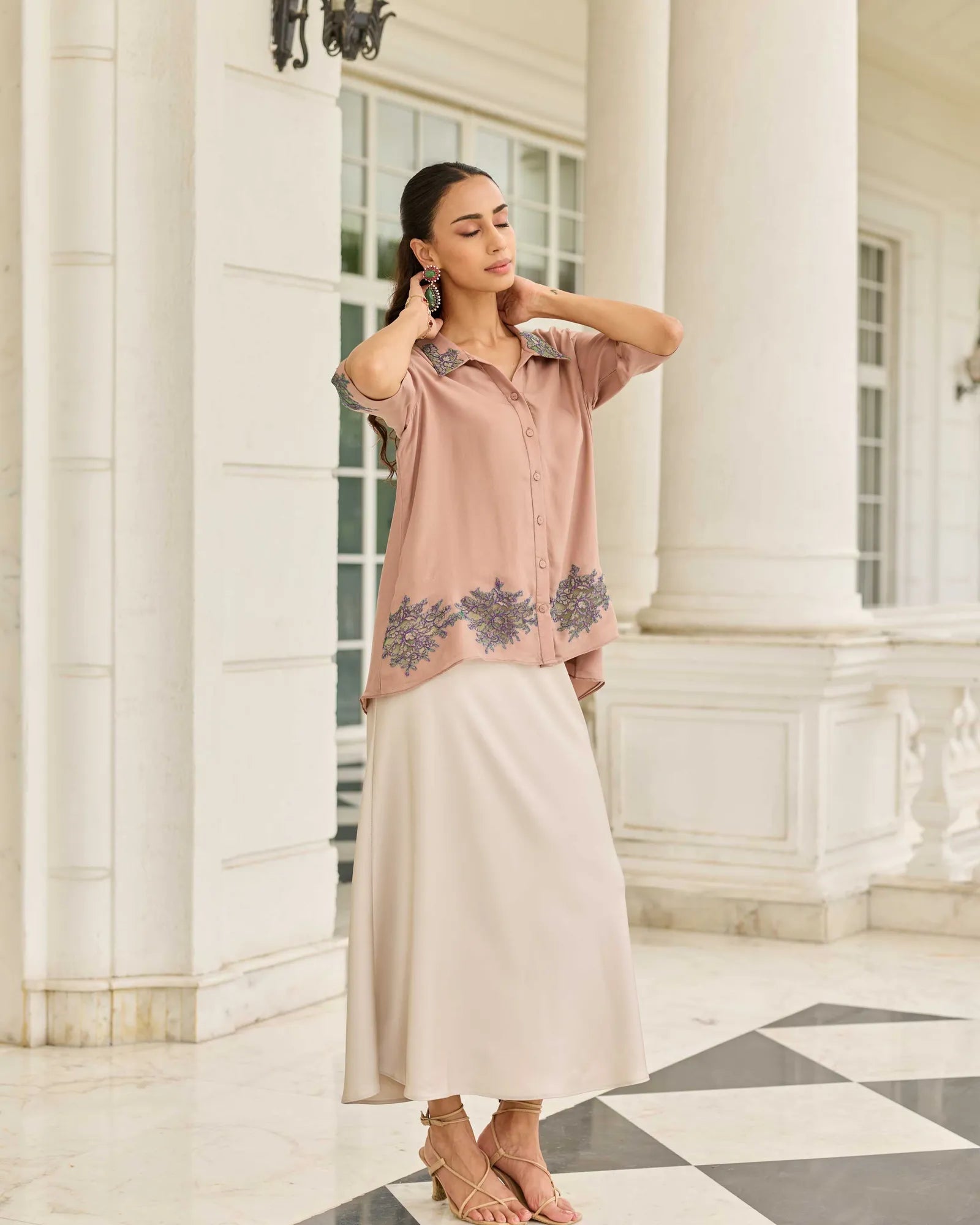 Threaded Devotion Grain Brown French Lace Flat Chiffon Shirt
