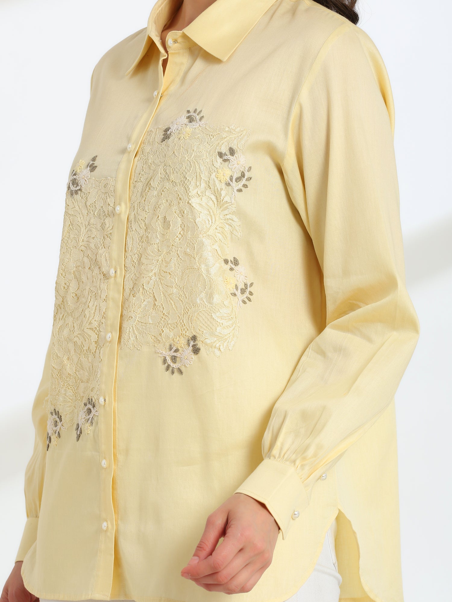 Butter Bloom Yellow Hand Embroidered French lace Cotton Shirt