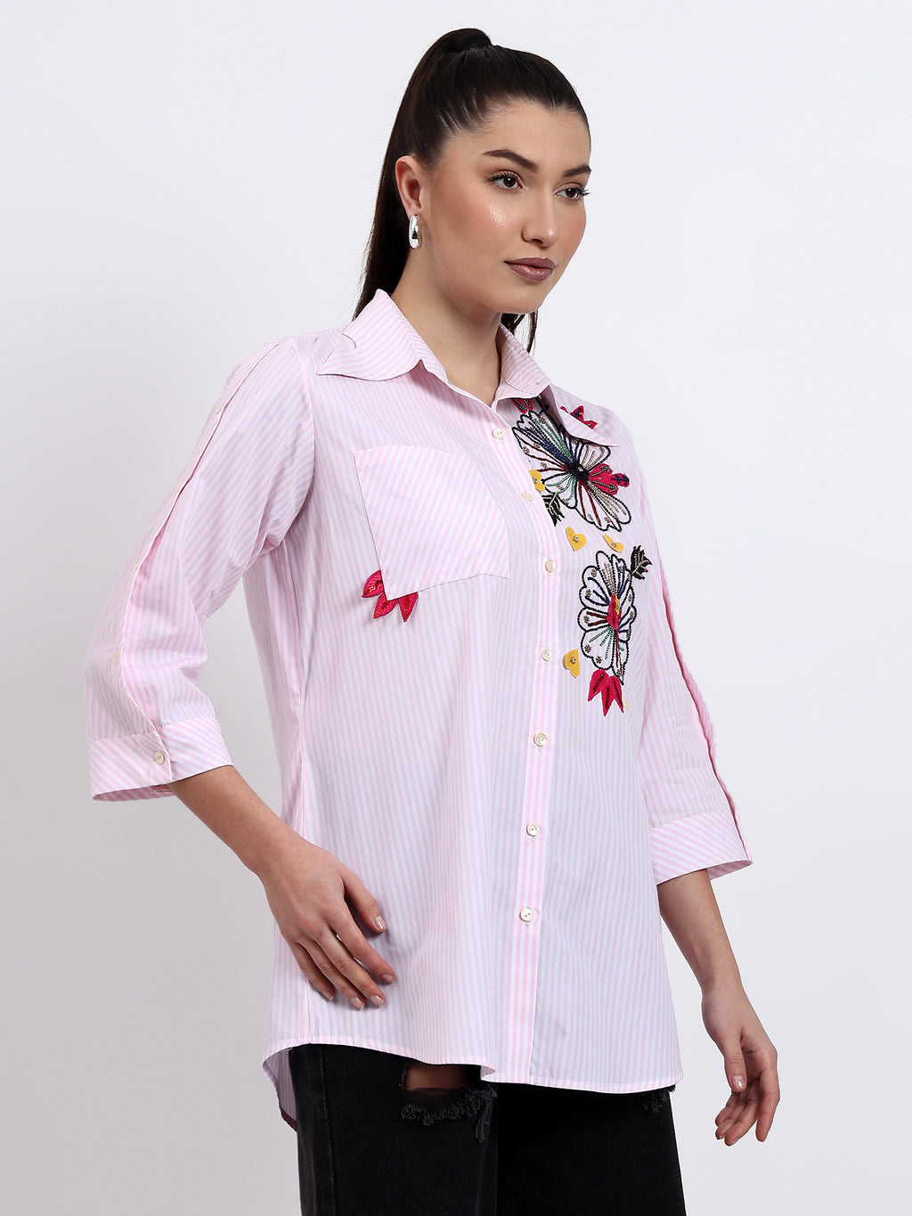 Baby pink stripes embroidered shirt