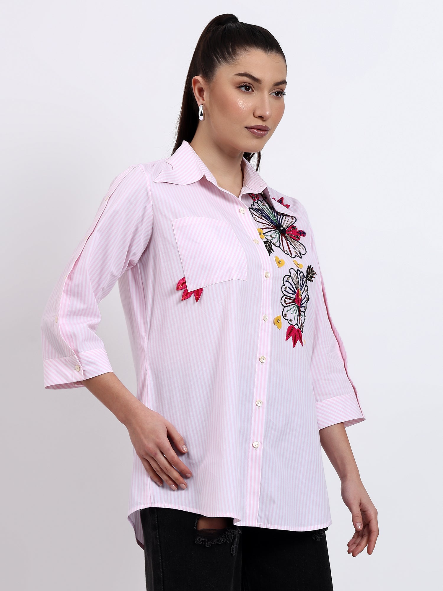 Baby pink stripes embroidered shirt