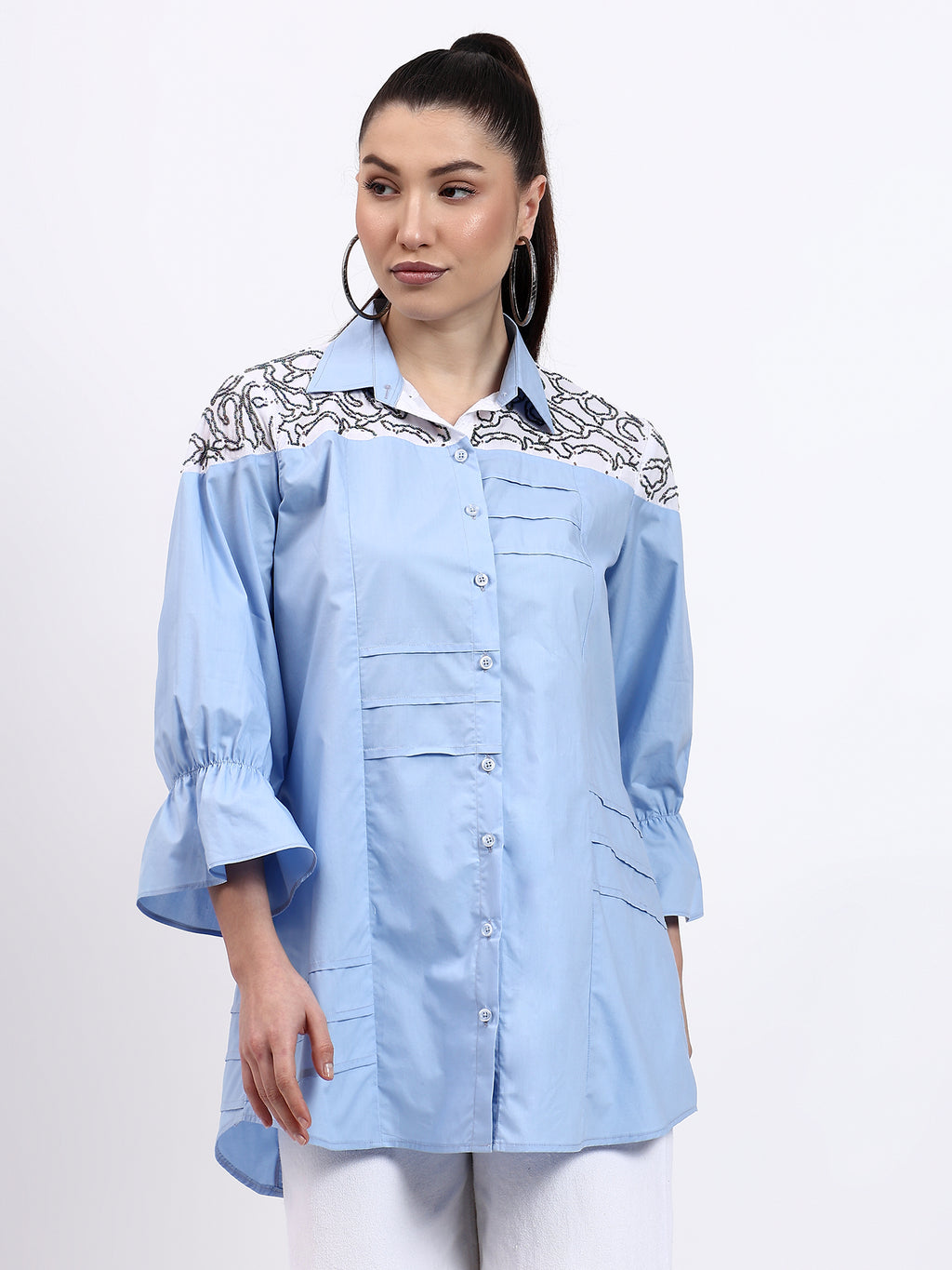 Blue poplin and white chikan embroidered shirt