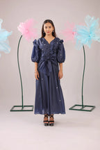 The navy blue heart knot flared midi dress