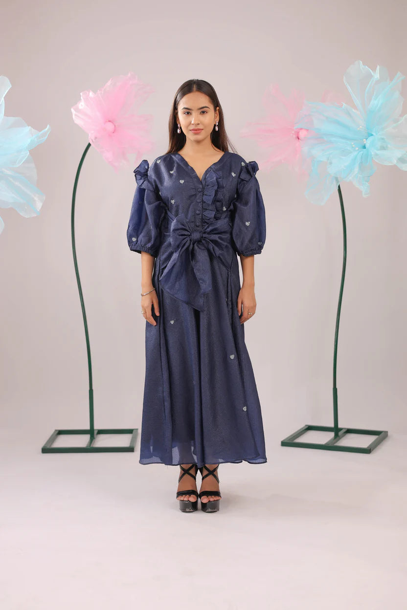 The navy blue heart knot flared midi dress