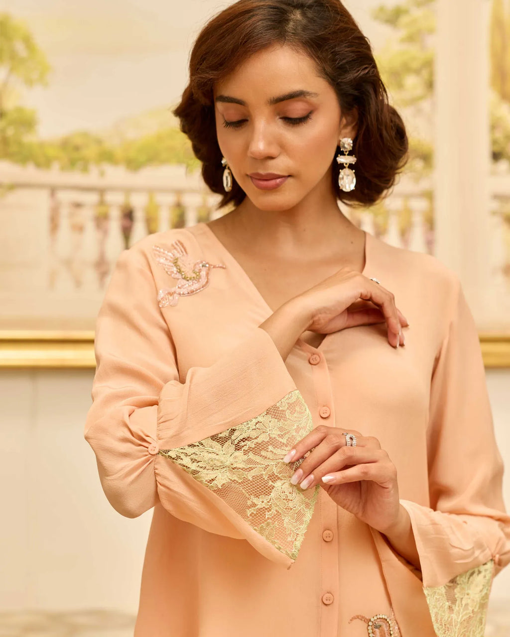 Serenade Peach Hand Embroidered French Lace Crepe Silk Top