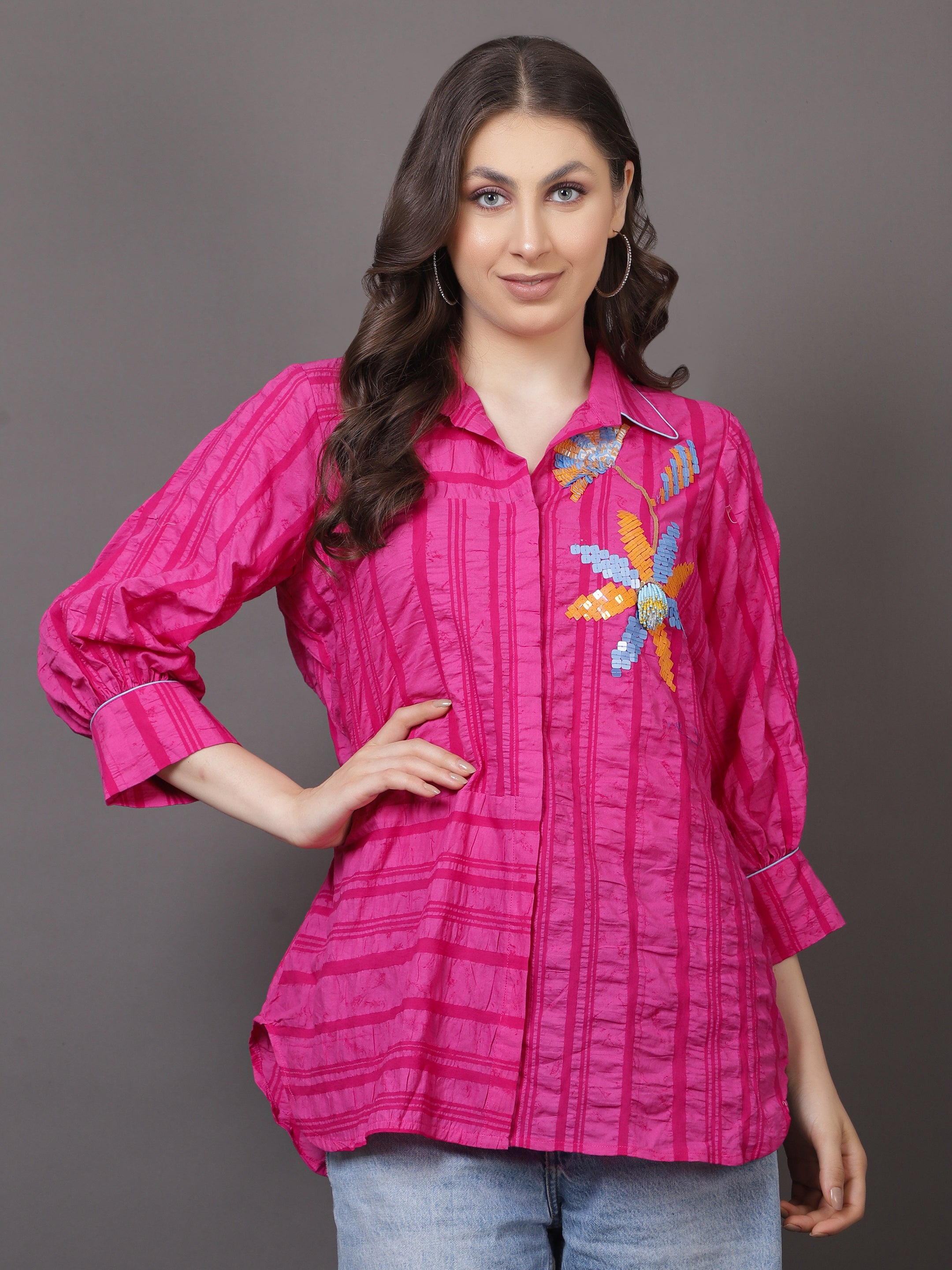 Pink Crushed Embroidered Shirt