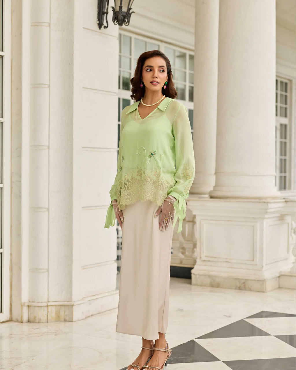 Dragonfly Pastel Green Hand Embroidered French Lace Flat Chiffon Top