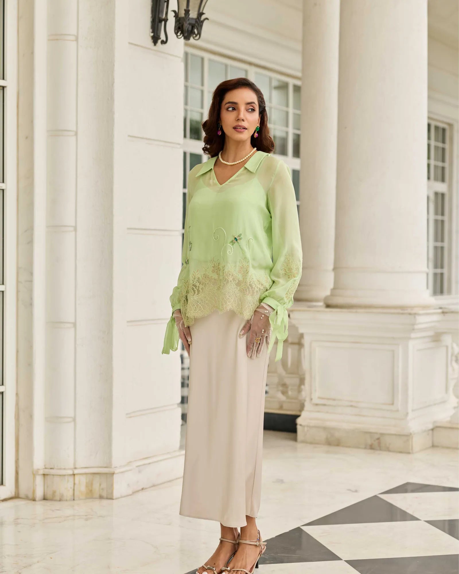 Dragonfly Pastel Green Hand Embroidered French Lace Flat Chiffon Top