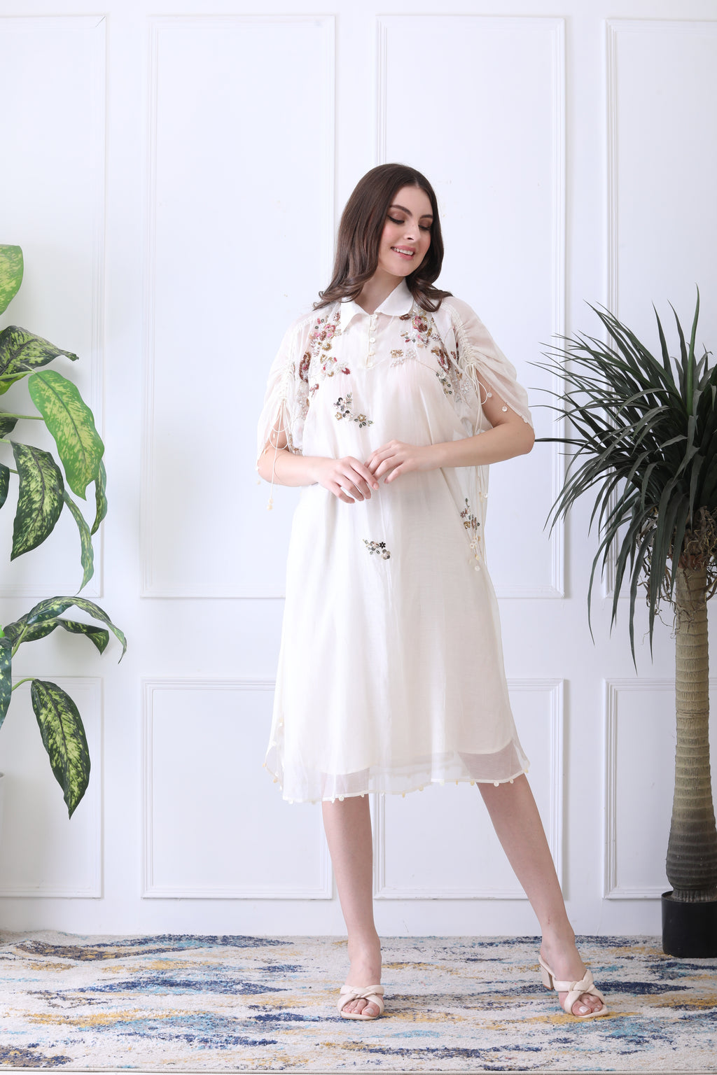 Peter White Embroidered Chanderi Midi Dress
