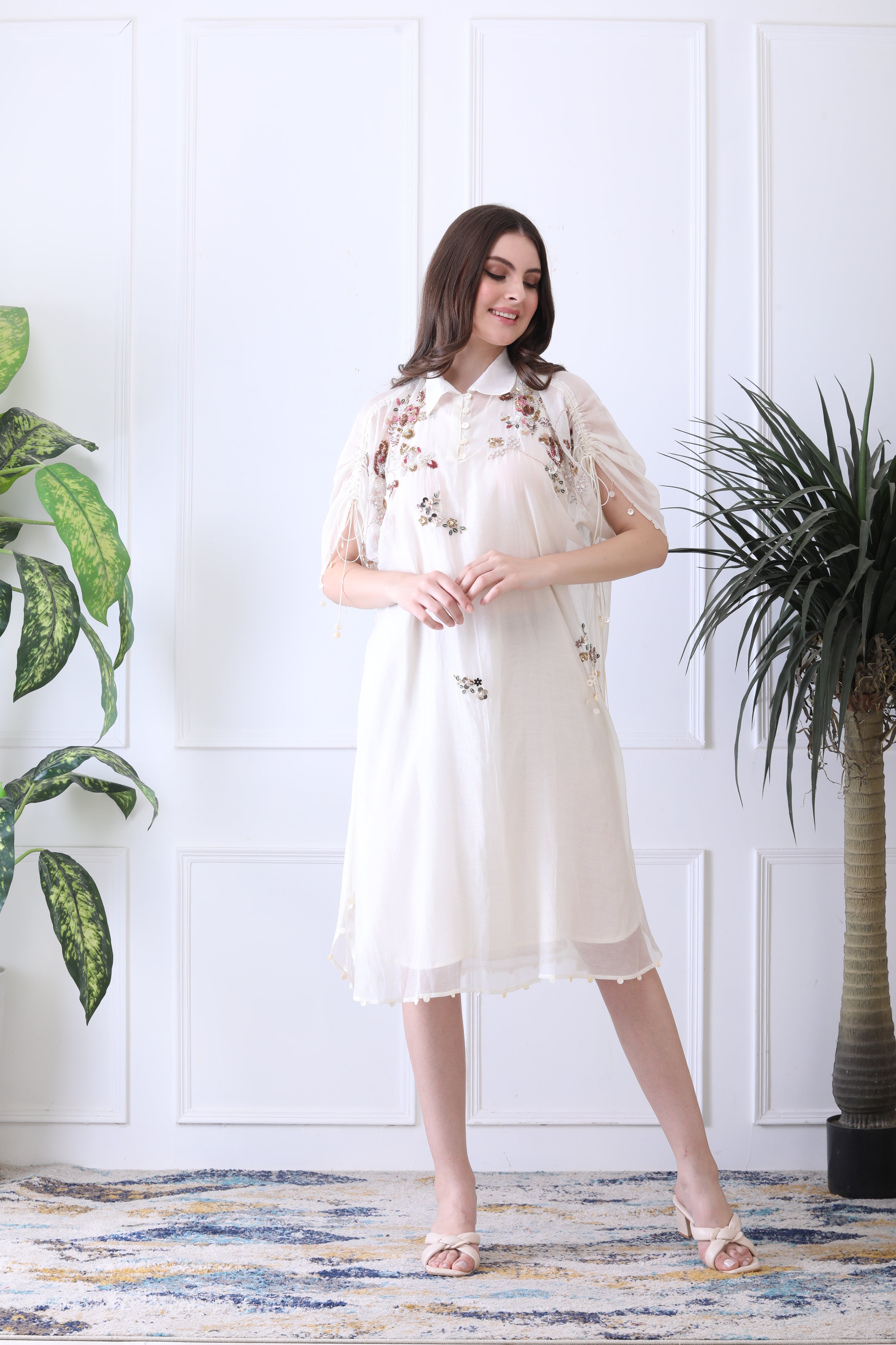 Peter White Embroidered Chanderi Midi Dress