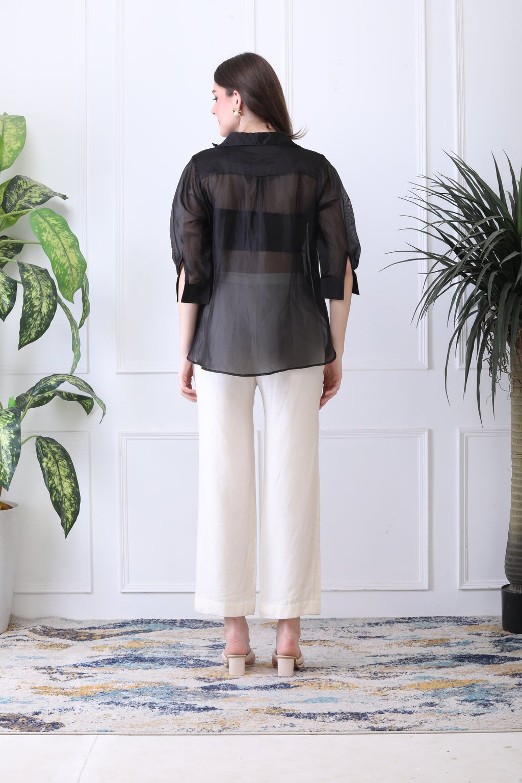 Stuart Black  Embroidered Chanderi Top with Ivory Pants