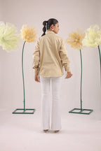 THE BEIGE FLORAL EMBELLISHMENT WITH POCKET AND GATHERED SLEEVES - BeyondStiches