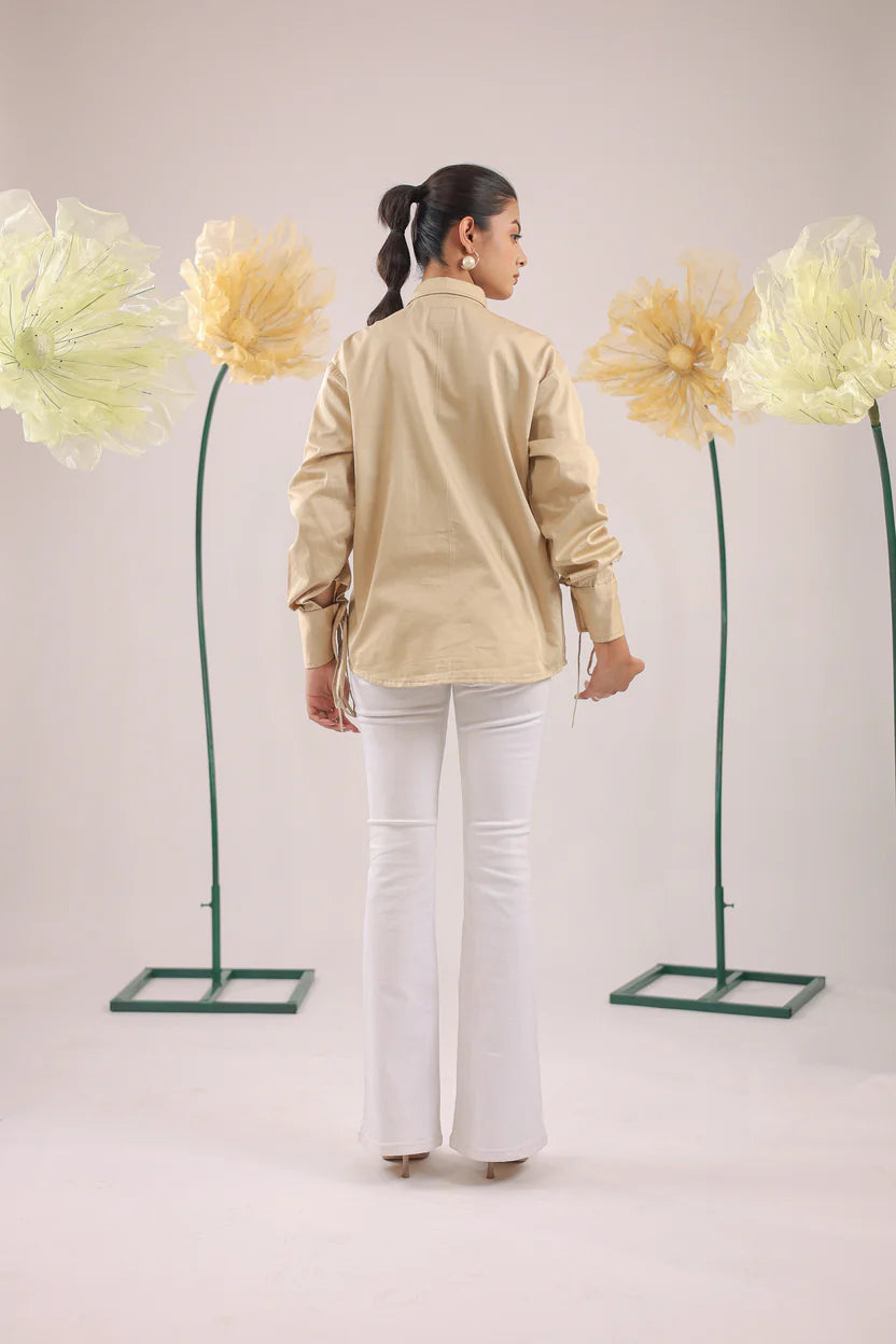 THE BEIGE FLORAL EMBELLISHMENT WITH POCKET AND GATHERED SLEEVES - BeyondStiches