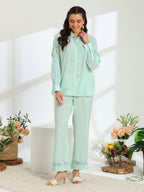 Spring Mint Hand Embroidered French lace Silk Cotton Co-ord set
