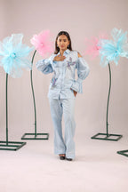 THE SKY BLUE COLD SHOULDER BIRD EMBELLISHED COTTON SHIRT