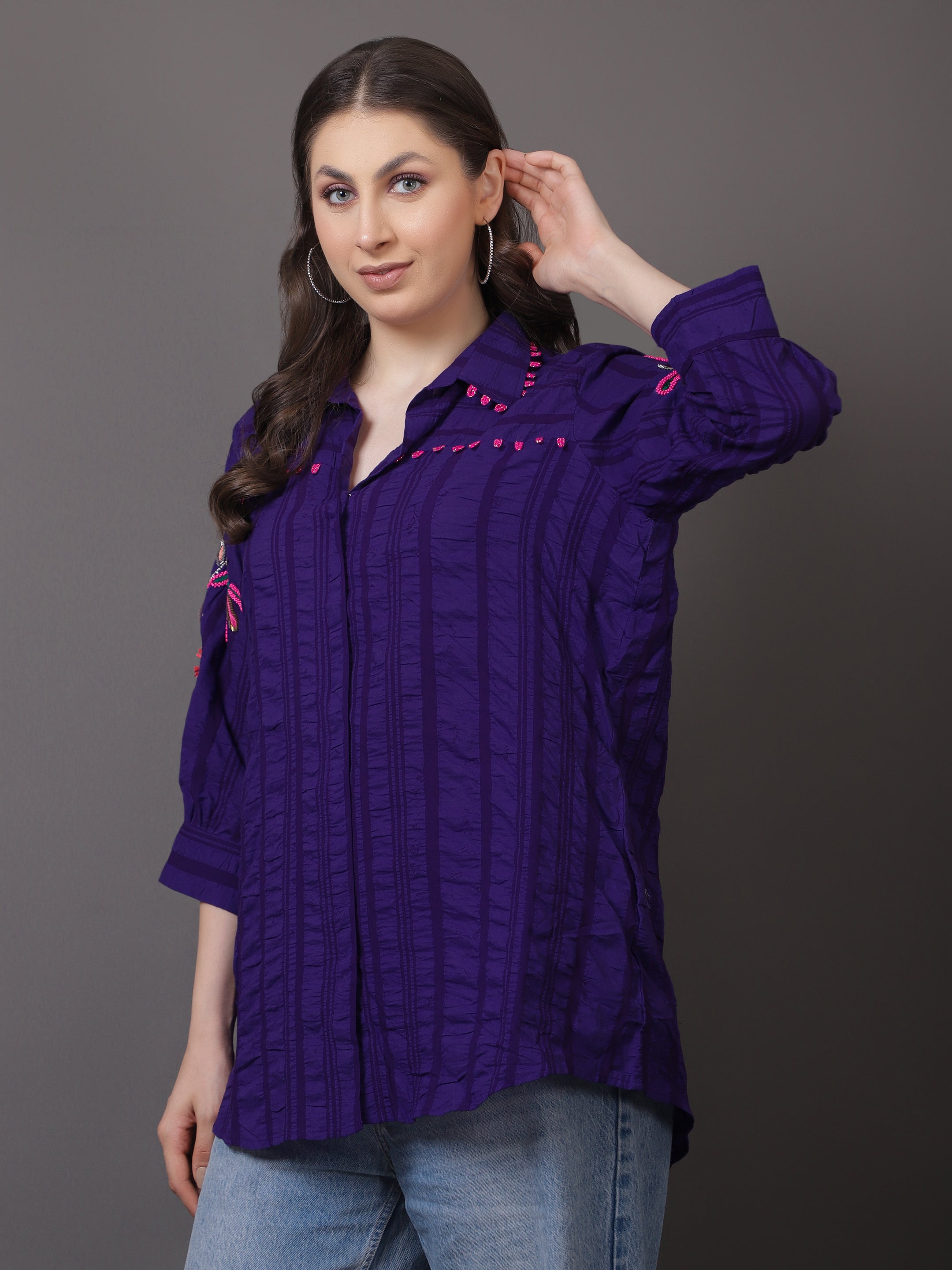 Purple Crushed Embroidered Shirt