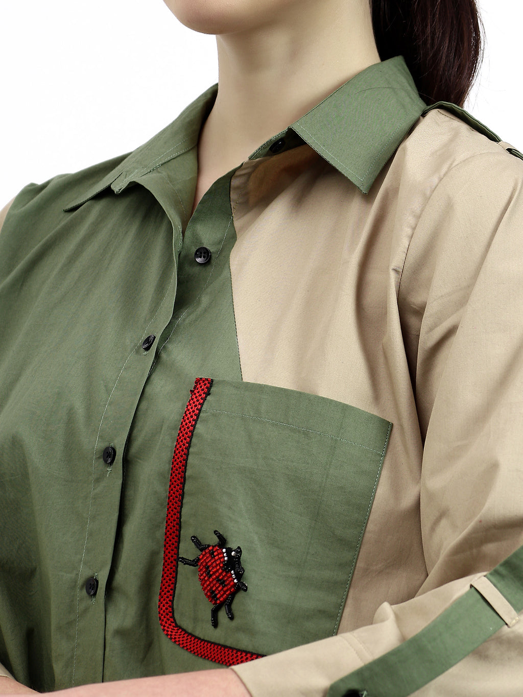 Olive and Beige color block embroidered shirt
