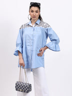 Blue poplin and white chikan embroidered shirt