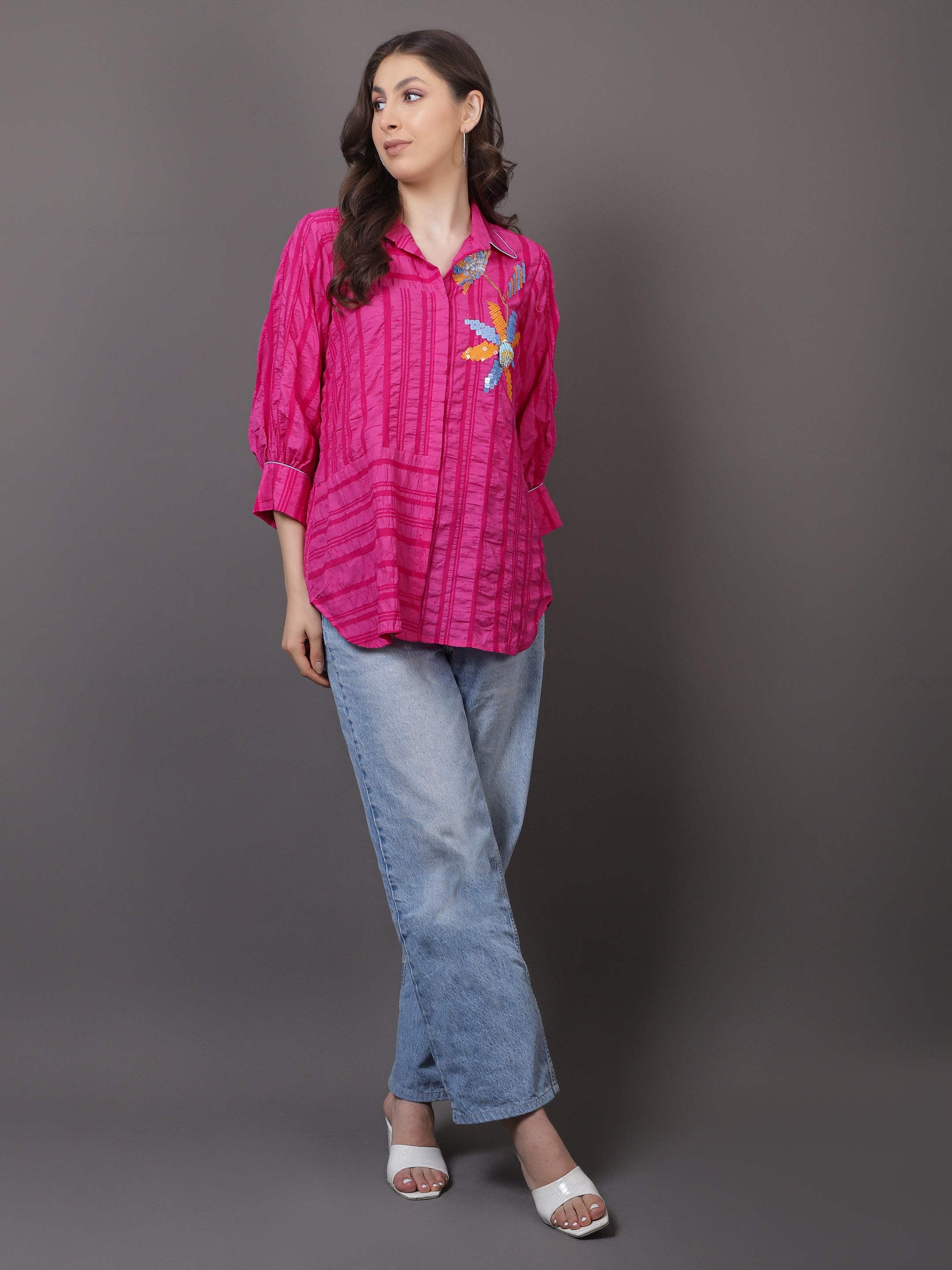 Pink Crushed Embroidered Shirt