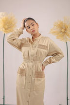 The brown beige midi cotton dress with pockets