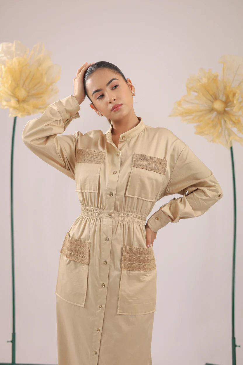 The brown beige midi cotton dress with pockets