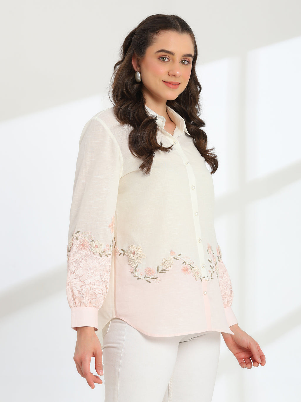 Cendre Pink Hand Embroidered French lace Silk Linen Shirt