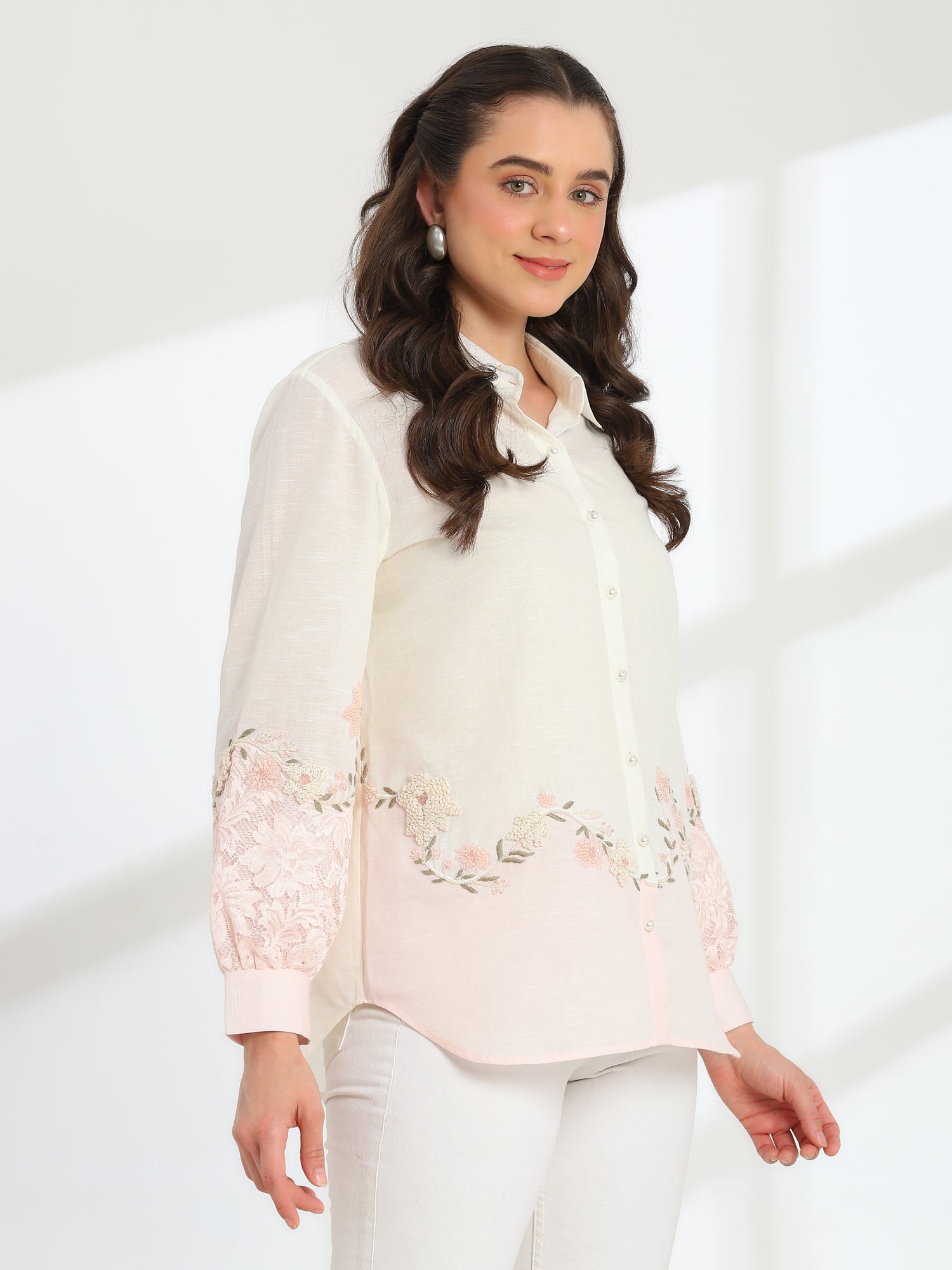 Cendre Pink Hand Embroidered French lace Silk Linen Shirt