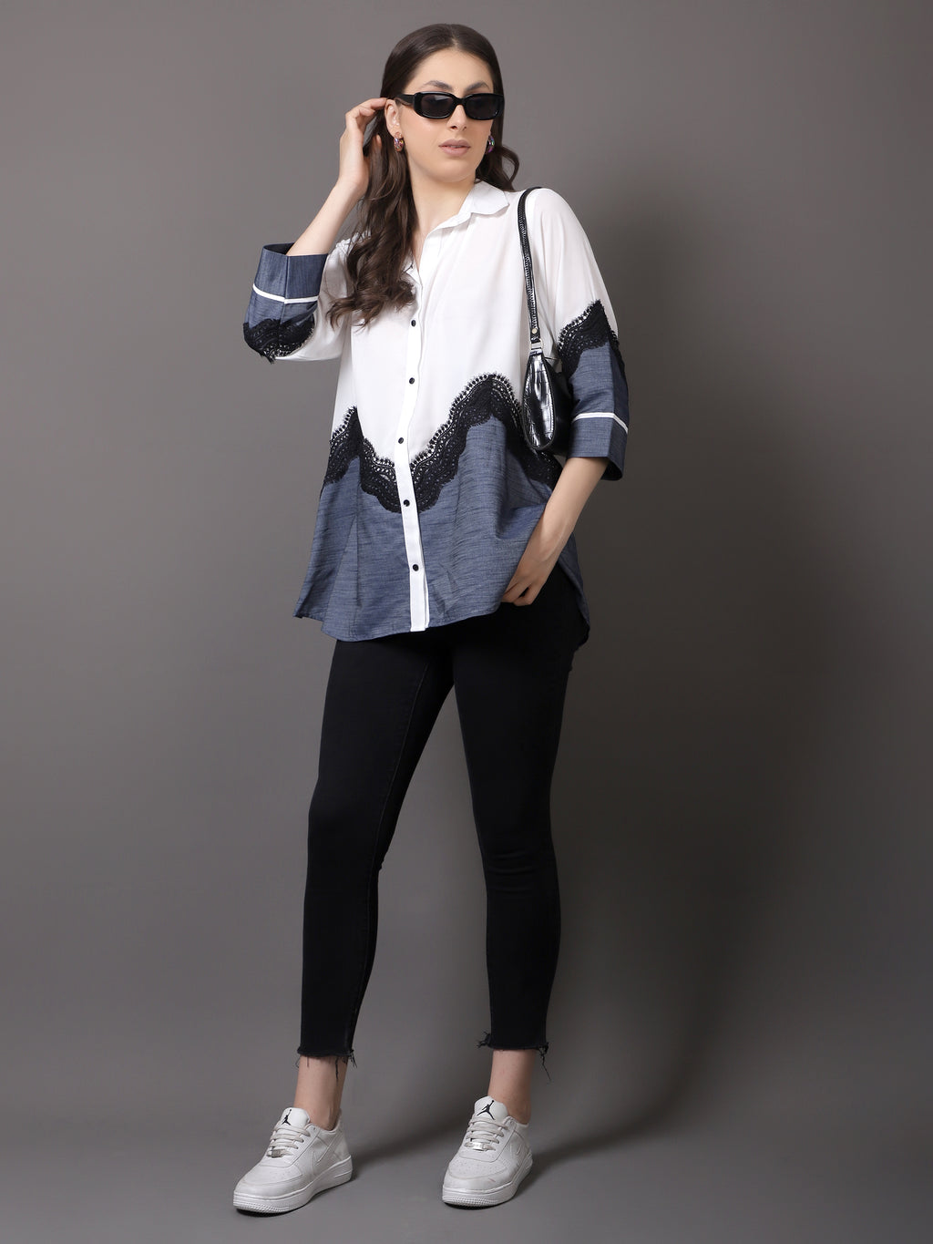 White Georgette and denim shirt with lace detailing