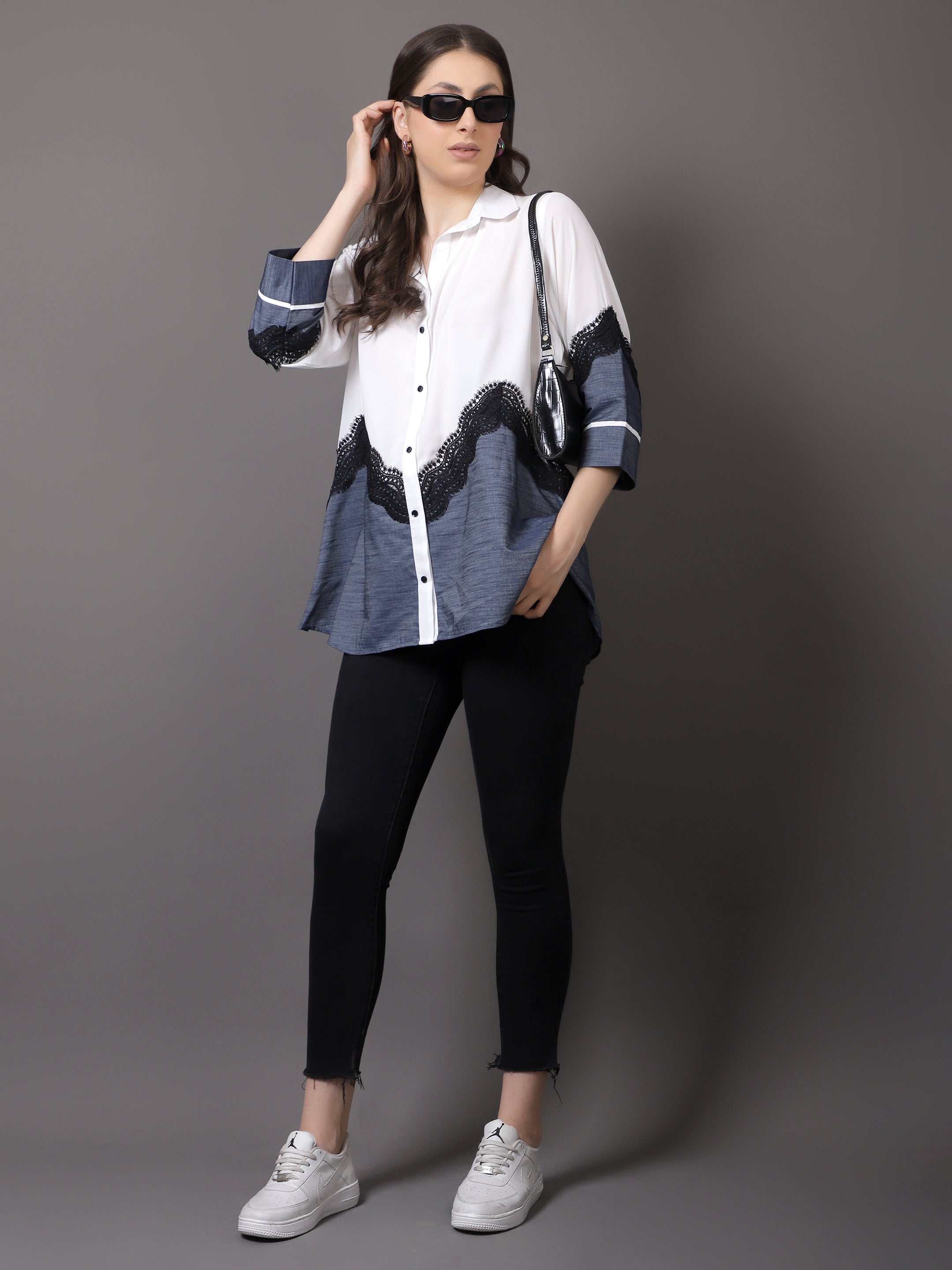 White Georgette and denim shirt with lace detailing