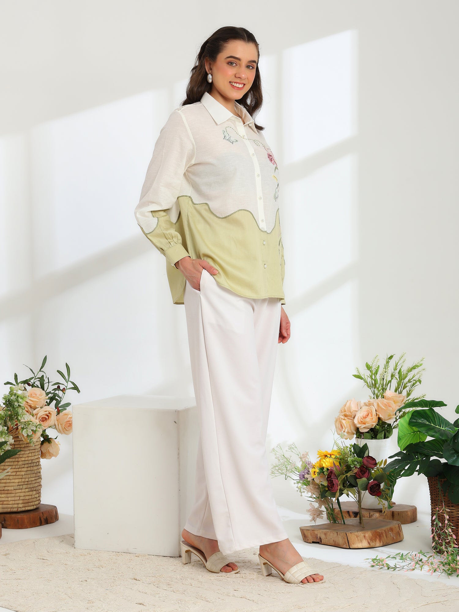 Ether Sage Green Embroidered French lace Silk Linen Shirt - Dareiss