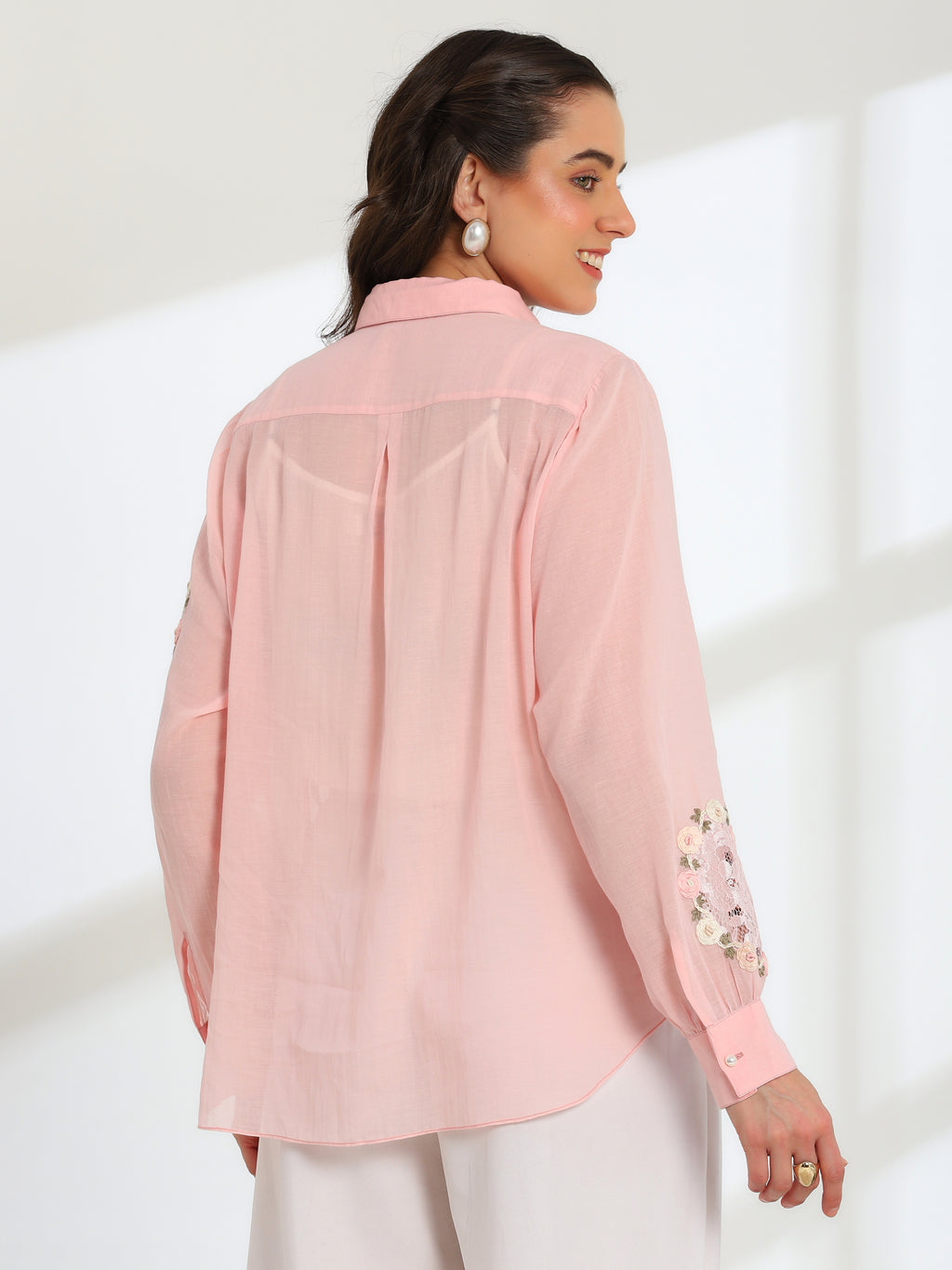 Pink Rose Garden Hand Embroidered French lace Mul Shirt