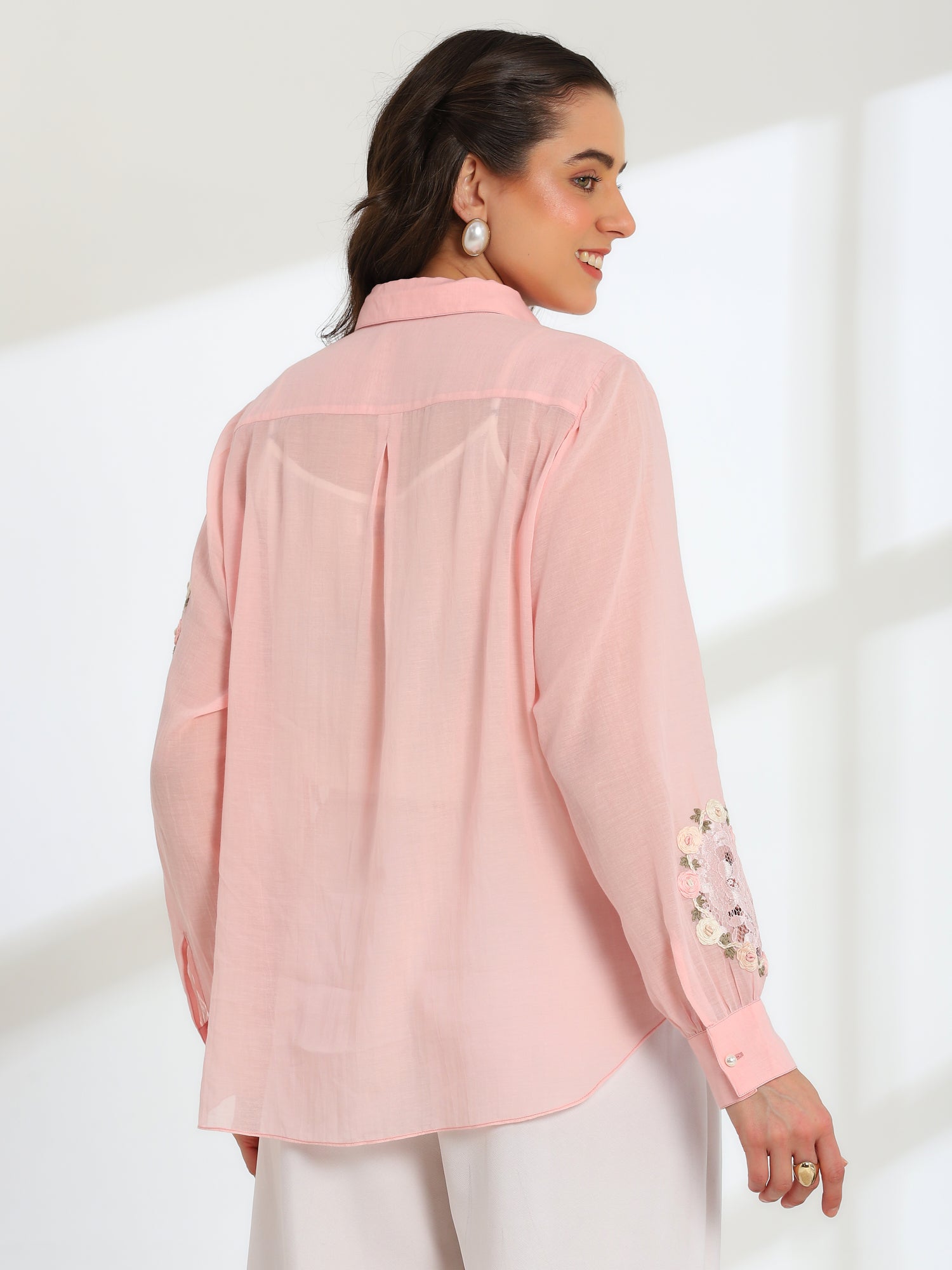 Pink Rose Garden Hand Embroidered French lace Mul Shirt