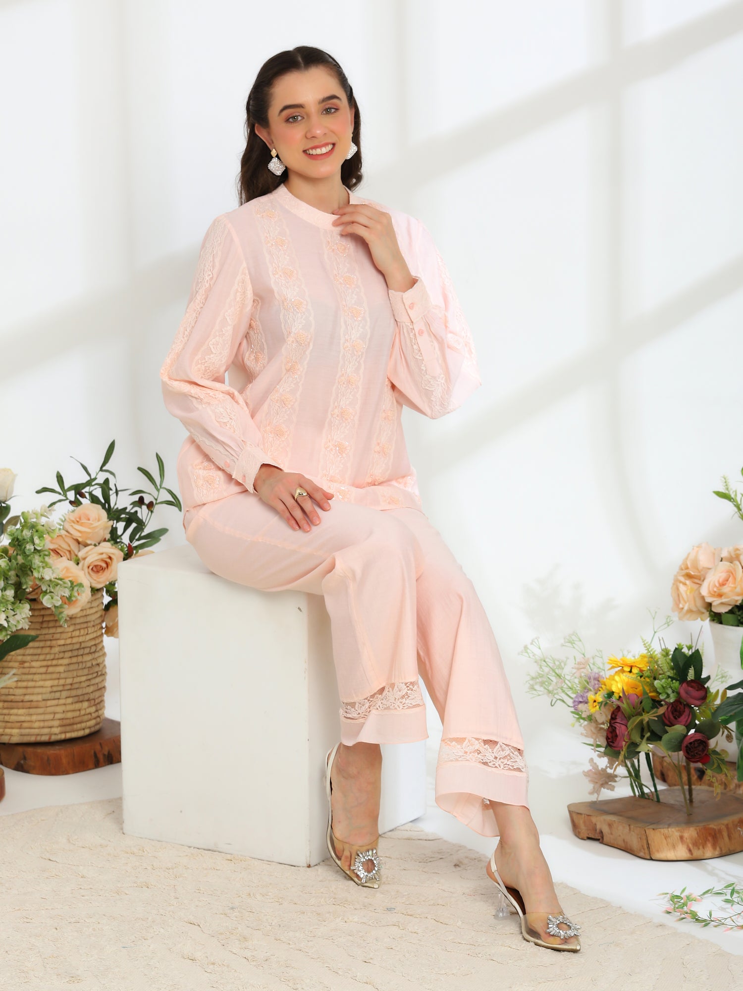 Elan Pink  Hand Embroidered French Lace Silk Cotton Co-ord Set