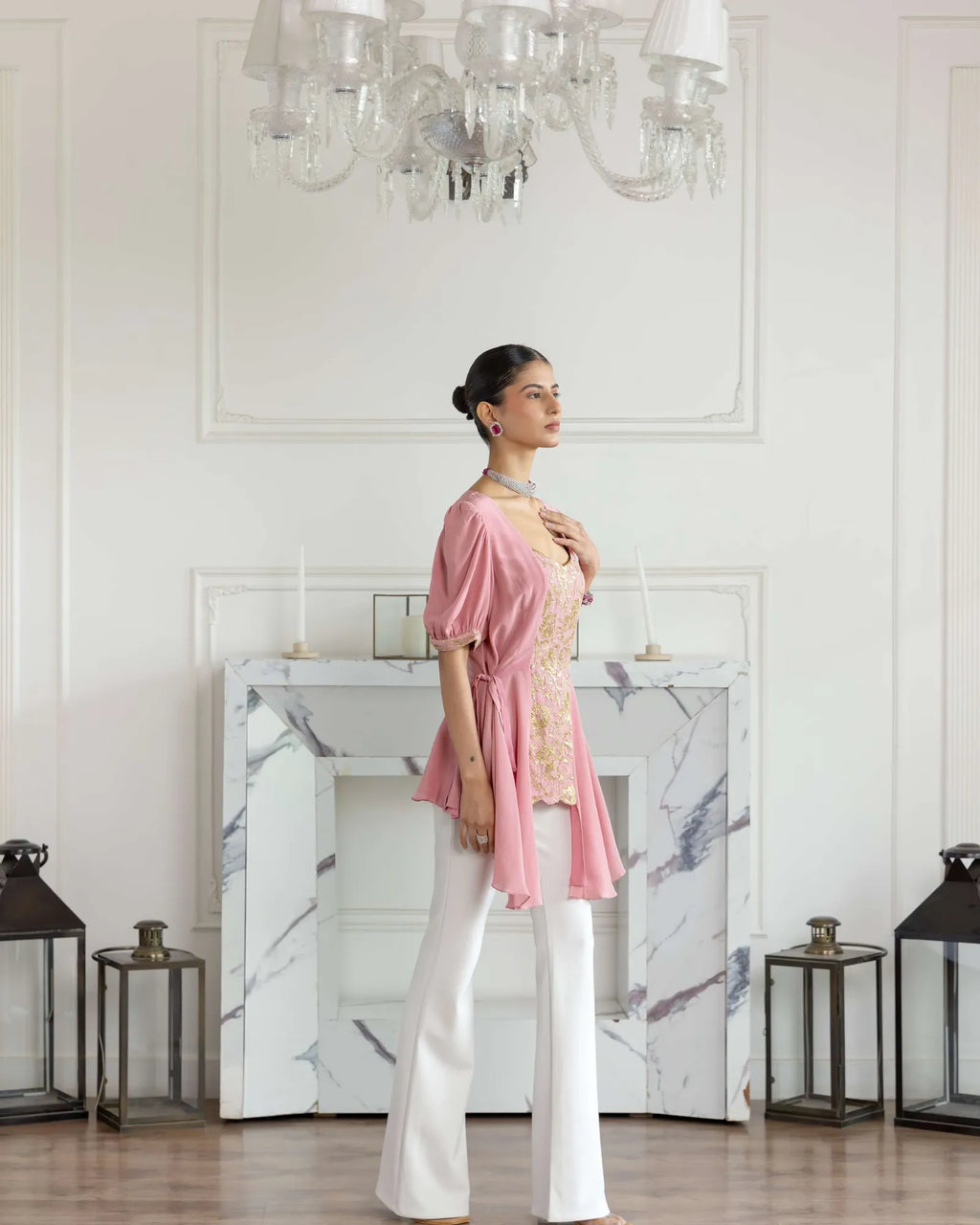 Dahlia Blossom Pink Mettalic French Lace Crepe Top