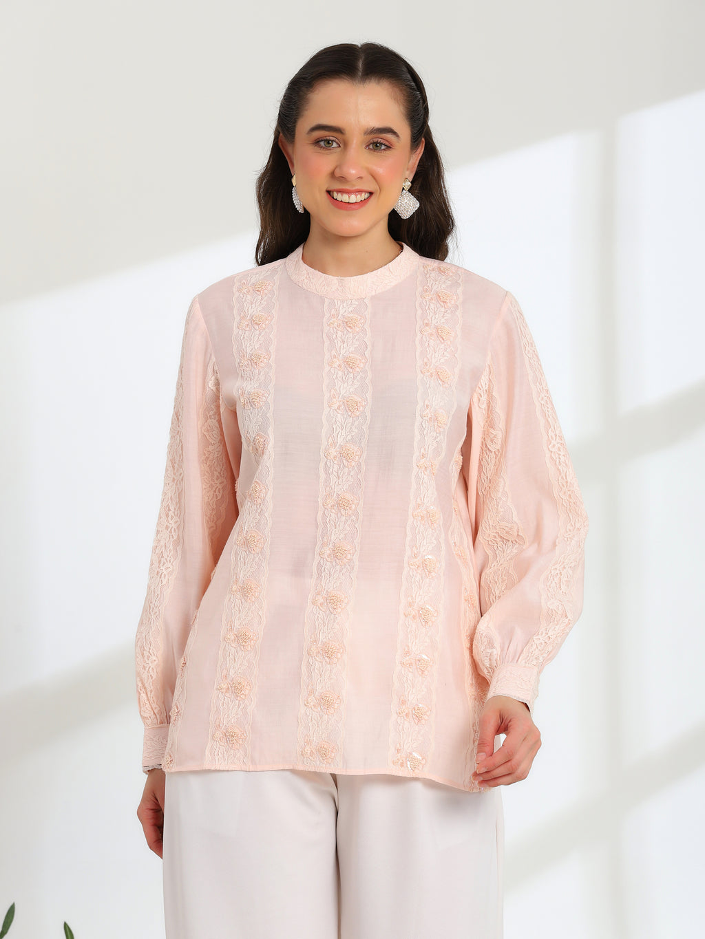Elan Pink  Hand Embroidered French Lace Silk Cotton Shirt