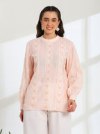 Elan Pink  Hand Embroidered French Lace Silk Cotton Shirt