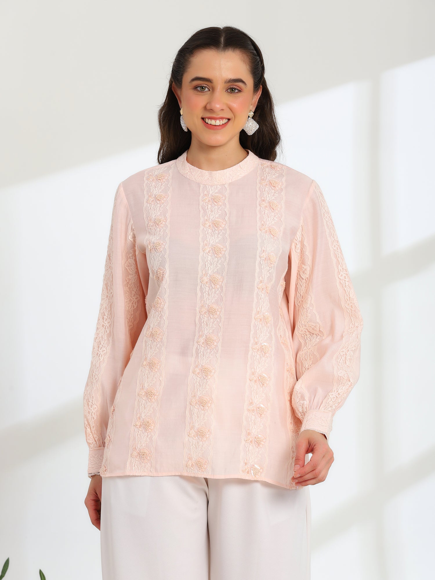 Elan Pink  Hand Embroidered French Lace Silk Cotton Shirt