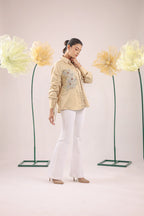 THE BEIGE FLORAL EMBELLISHMENT WITH POCKET AND GATHERED SLEEVES