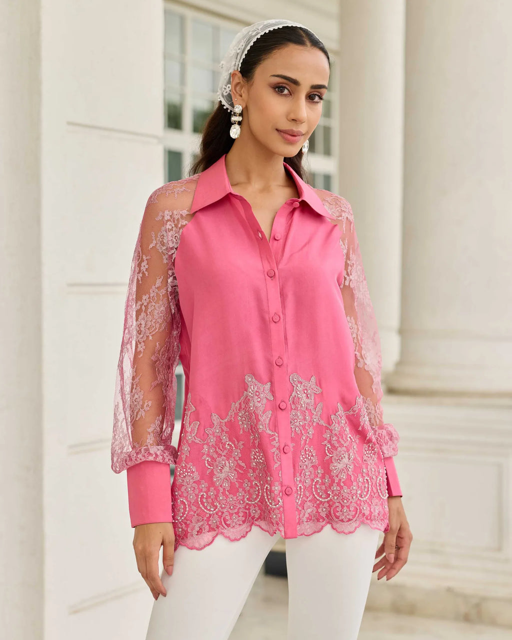 Fuchsia Duchess Pink Hand Embellished French Lace Habotai Silk Shirt