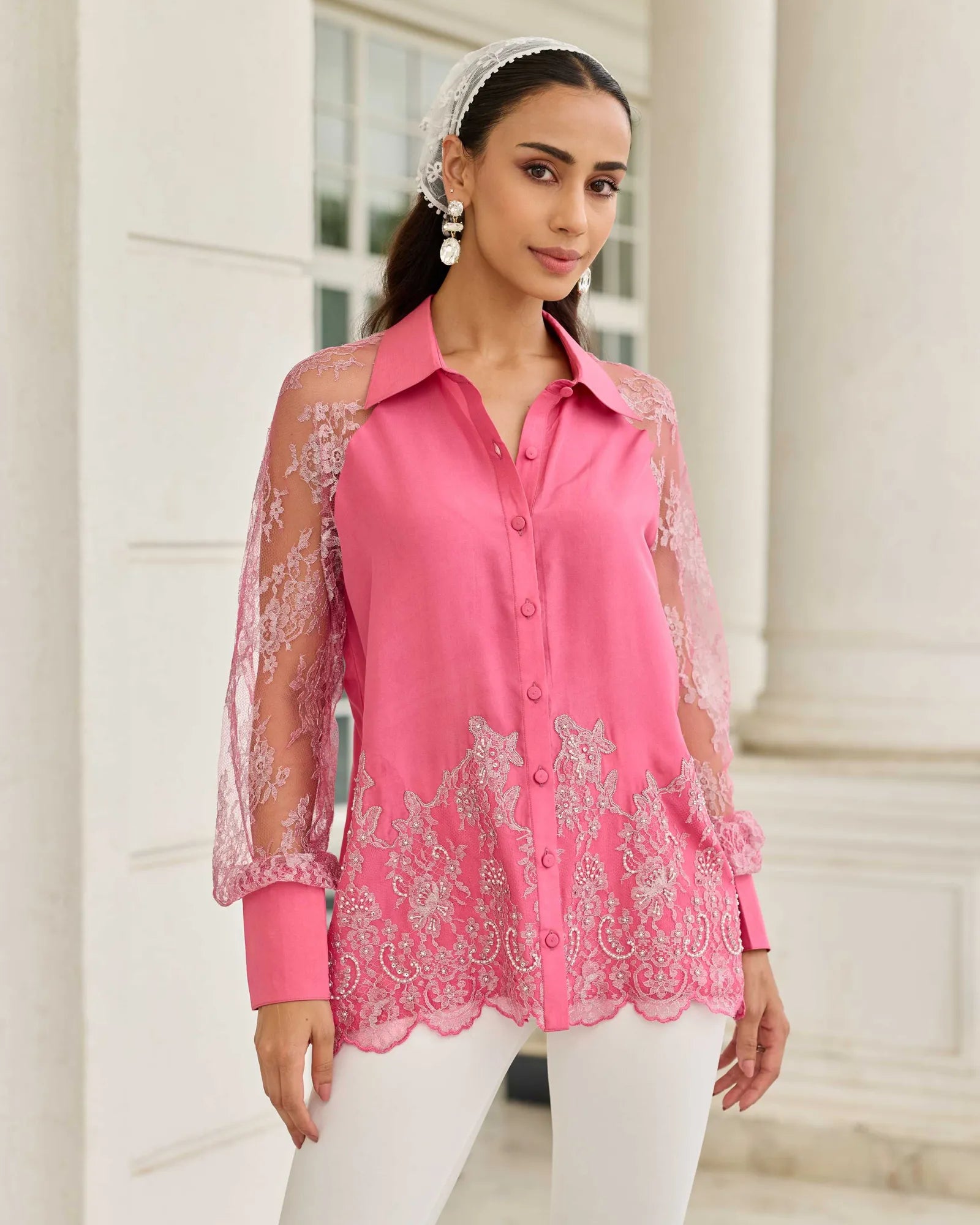 Fuchsia Duchess Pink Hand Embellished French Lace Habotai Silk Shirt