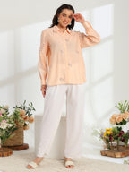 Spring Peach Hand Embroidered French lace Silk Cotton Shirt