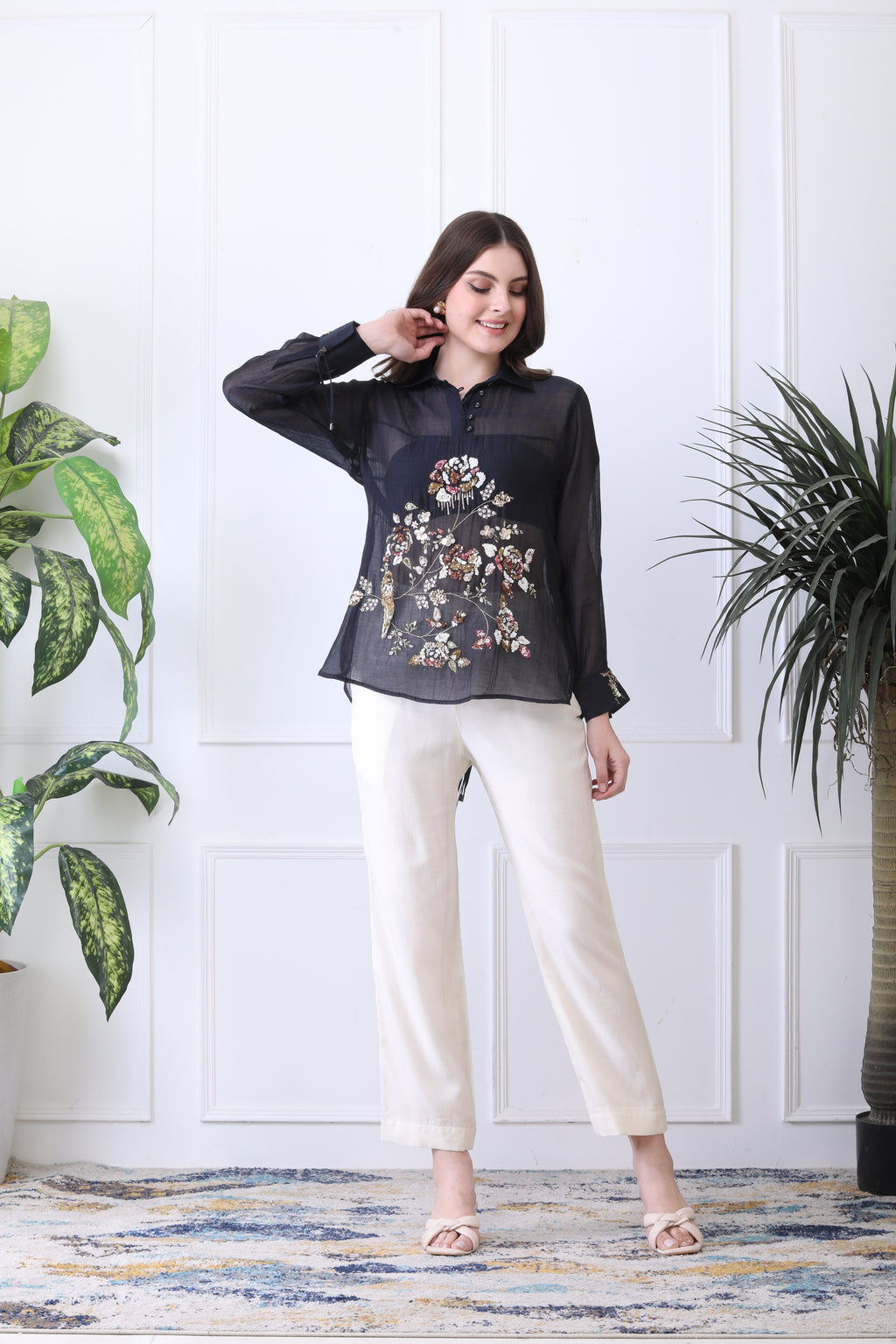 Conor Black Embroidered Chanderi Top with Ivory Pants