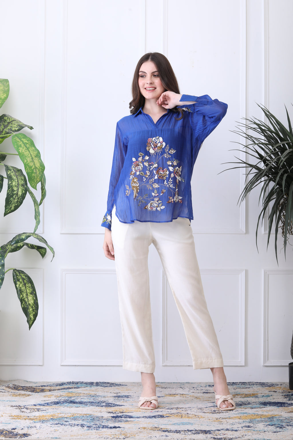 Conor Blue Embroidered Chanderi Top with Ivory Pants