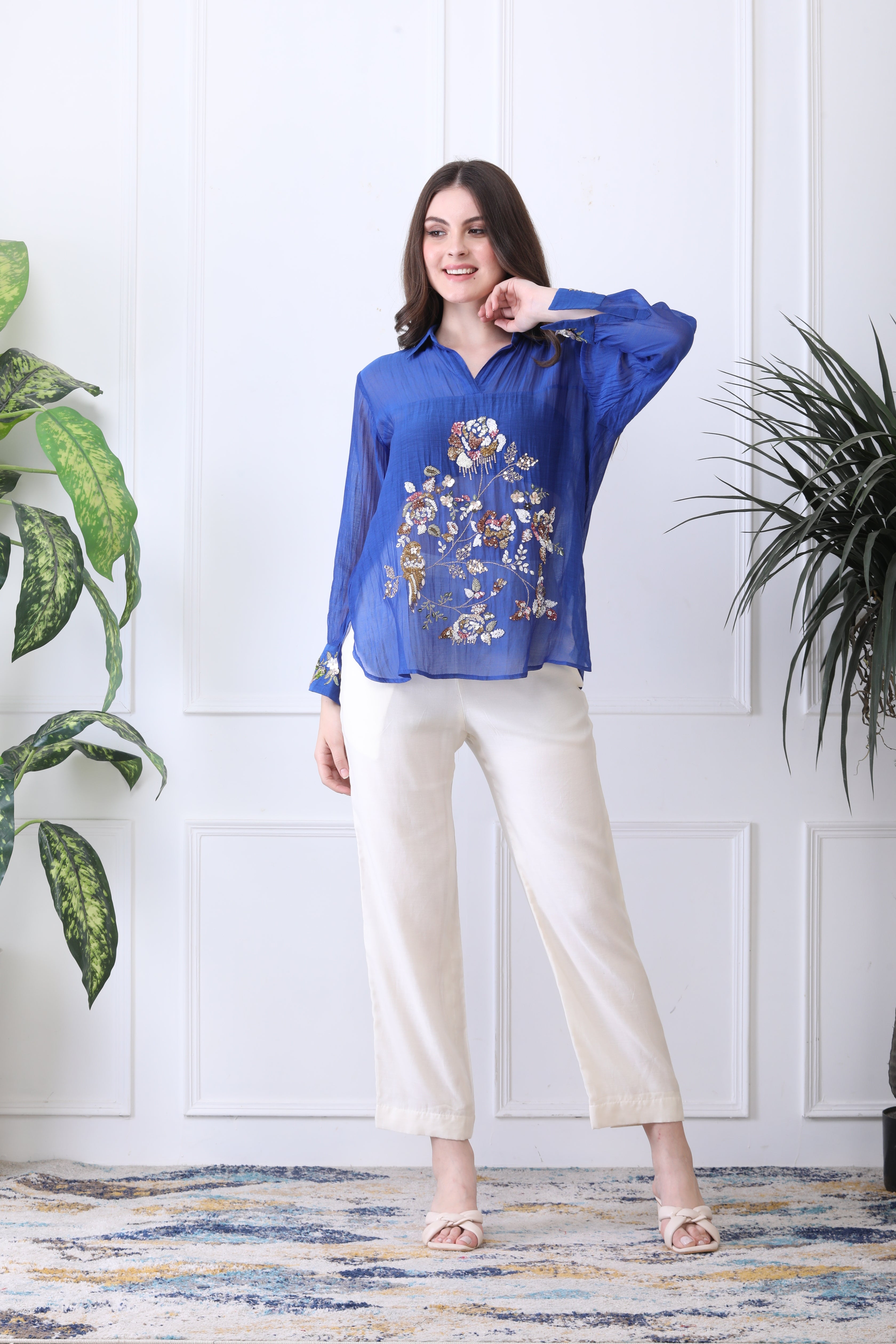 Conor Blue Embroidered Chanderi Top with Ivory Pants