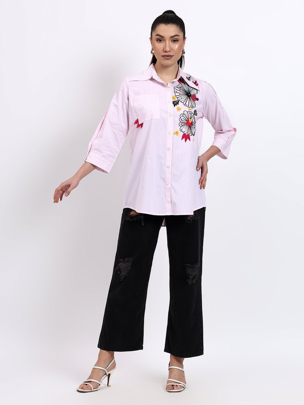 Baby pink stripes embroidered shirt
