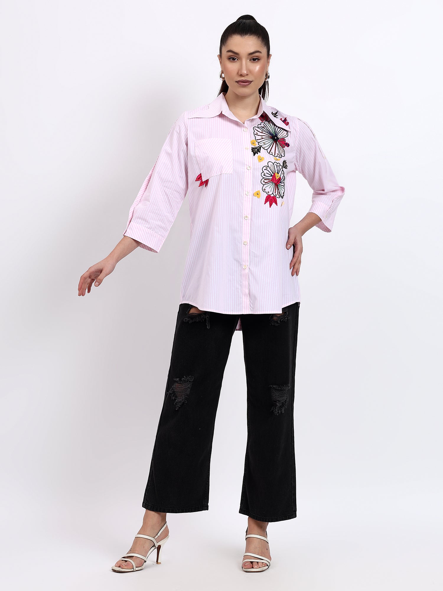 Baby pink stripes embroidered shirt