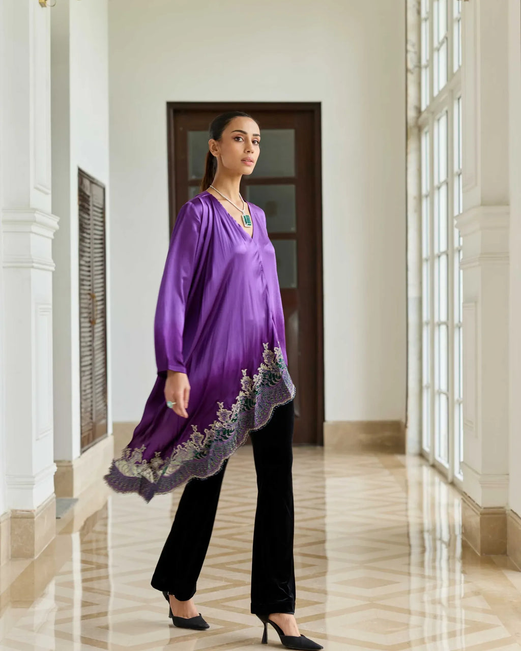 Ornate Purple Gradient Hand Embroidered French Lace Silk Satin Scarf Top