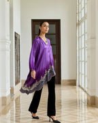 Ornate Purple Gradient Hand Embroidered French Lace Silk Satin Scarf Top